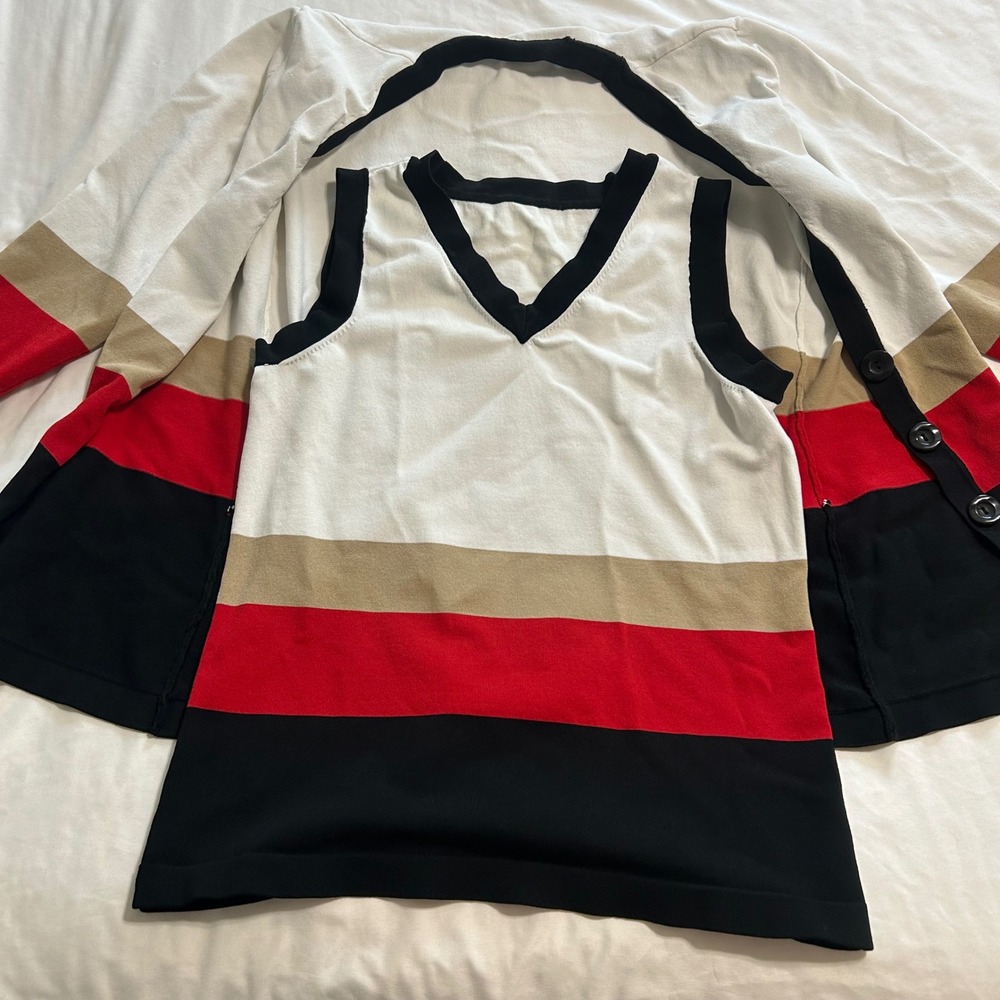 Vintage Style Colorblock Stripe Cardigan and Tank Top Sweater Set Red Black